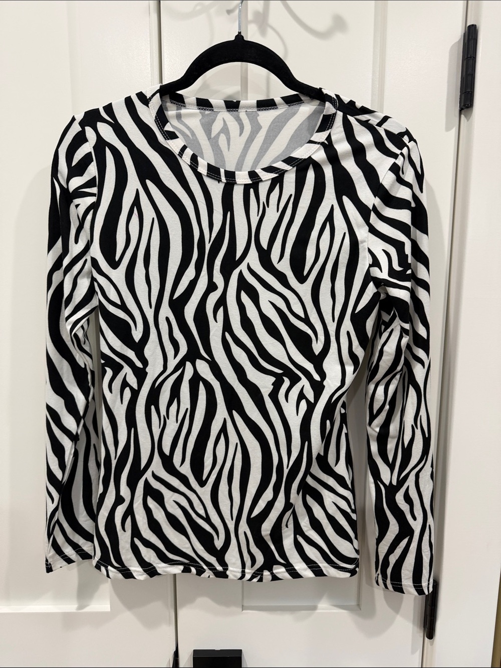 Zebra-Print Crew Neck Long Sleeve Women’s Top - Black & White